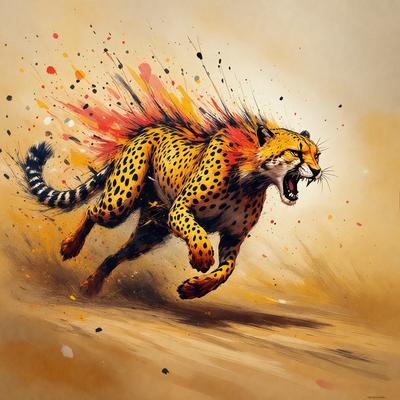 The primary subject of the image is a leopard, which is captured in a painting or drawing. The setting is a dirt field, and the visual style appears to be a combination of digital art and illustration. The colors and mood of the image are vibrant and energetic, with the leopard's fur and the surrounding environment being depicted in a bold and dynamic manner.